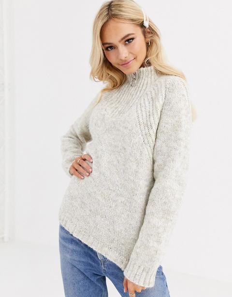 Pieces High Neck Knitted Jumper With Zip Detail In Oatmeal-beige