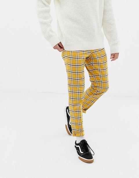 Asos Design Skinny Smart Trouser In Bright Yellow Check With Drawcord Waist - Yellow