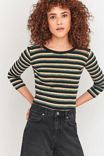 Urban Outfitters Neat Black Striped Ribbed 3/4 Sleeve T-shirt - Womens Xs