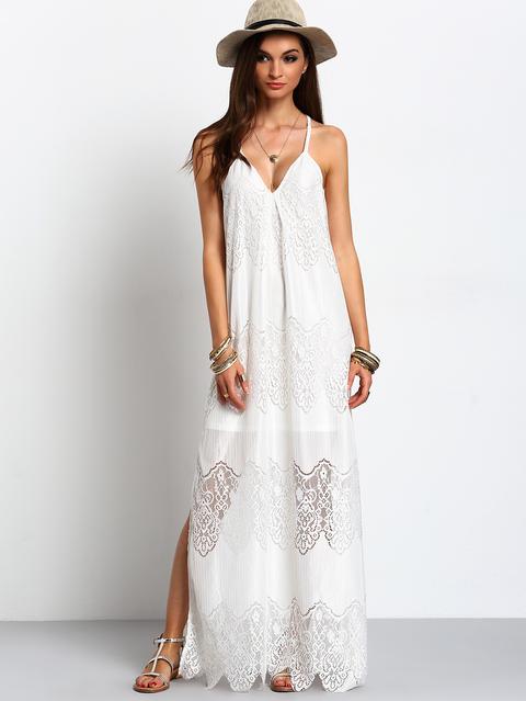 Cream Deep V Neck Split Slip Maxi Dress