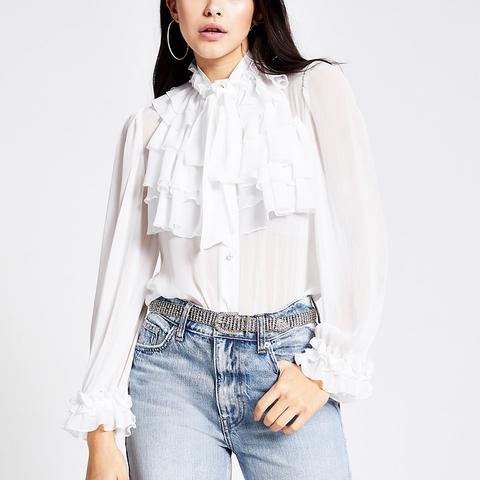 white long sleeve ruffle shirt