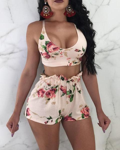 Floral Tied Back Top And Shorts Set