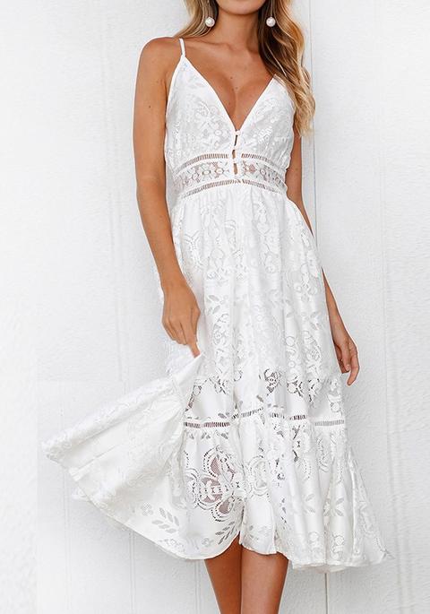 White Draped Lace Cut Out Spaghetti Strap Deep V-neck Party Midi Dress