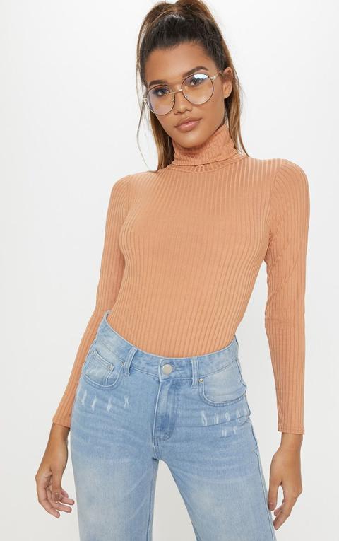 Camel Rib Roll Neck Long Sleeve Bodysuit