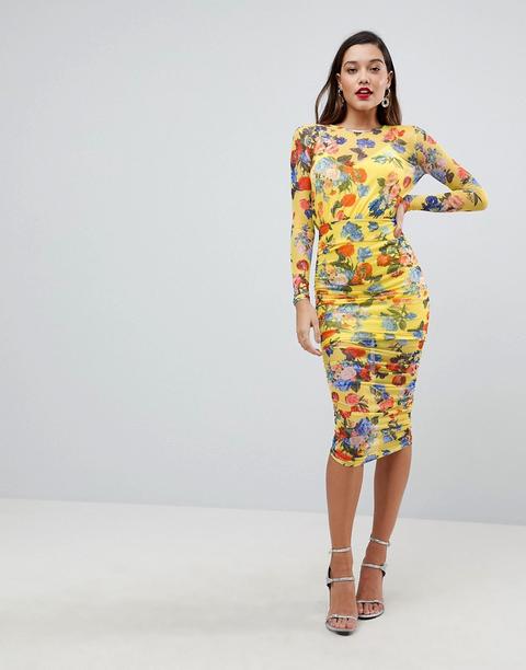 Asos Design - Vestito Longuette A Rete Con Gonna Increspata E Stampa - Multicolore