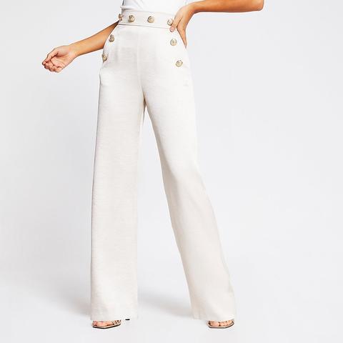 Cream High Button Waist Wide Leg Trousers