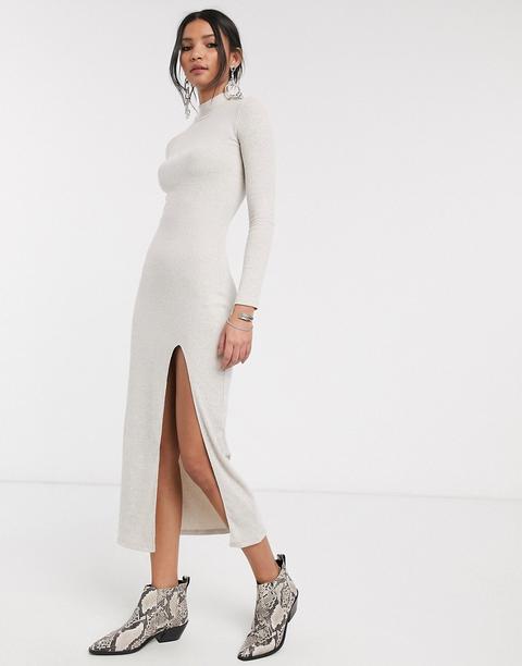Bershka - Robe Pull Mi-longue Côtelée - Écru-crème