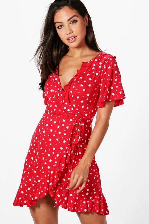 Womens Star Wrap Tea Dress - Red - 8, Red