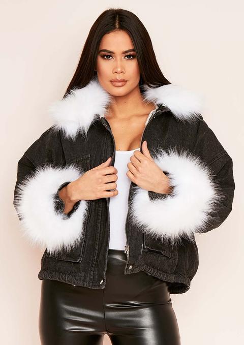 Rohina White Faux Fur Black Denim Jacket