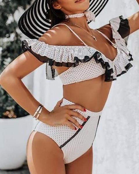 Flounced Trim Polka Dots Bikini Set