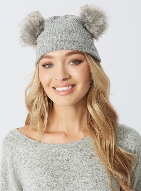 Boux Avenue Double Pom Pom Bobble Hat - Silver - Os