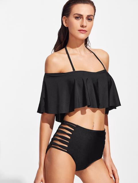 Sets De Bikini Halter Con Volantes Y Abertura - Negro