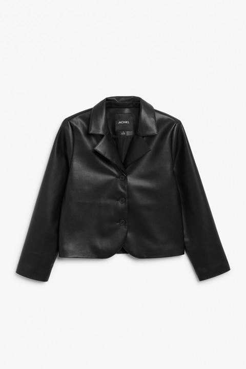 Cropped Faux Leather Jacket - Black