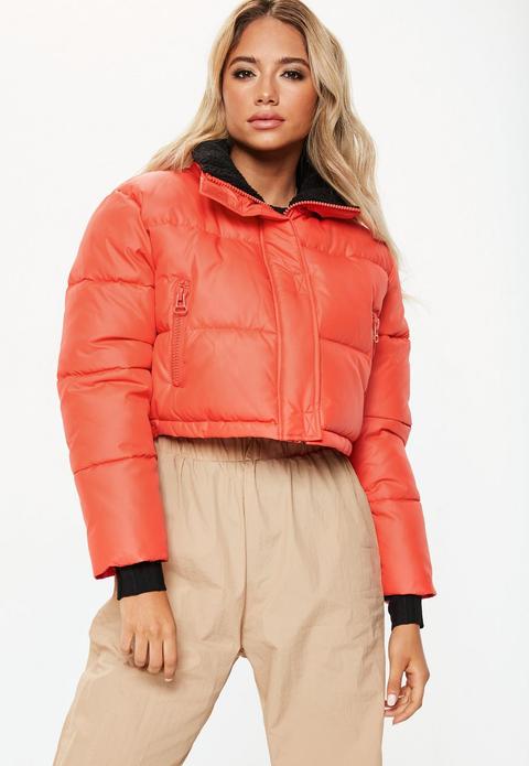 Petite Orange Cropped Oversized Puffer Jacket