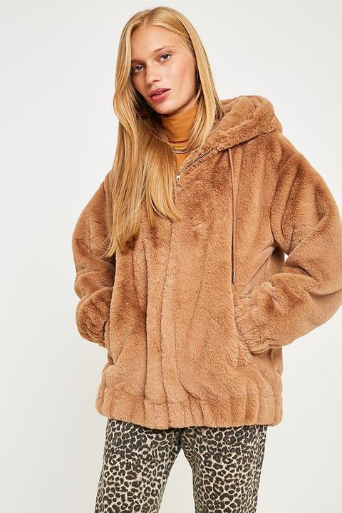 Uo Tan Faux Fur Hooded Bomber Jacket - Womens S