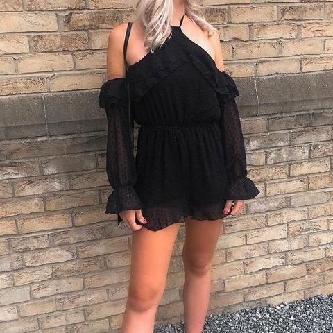 Black Dobby Fabric Frill Detail Cold Shoulder Playsuit