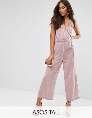 Asos Tall - Tuta Lunga In Velluto A Portafoglio Con Cintura - Rosa