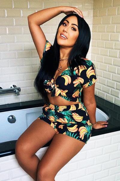Black Tropical Print Crop Top And Shorts Co-ord - Olivia