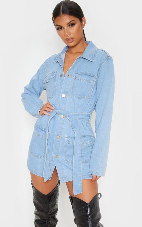 Robe En Jean Très Délavé À Poches Frontales, Délavage Bleu Clair