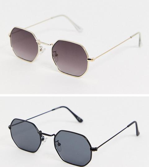 Asos Design 2 Pack Angled Sunglasses In Gold With Smoke Grad Lens And Matte Black With Smoke Lens