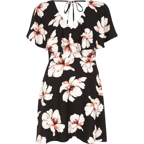 Petite Black Floral Print Frill Tea Dress