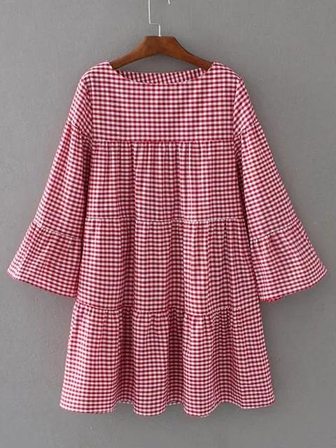 Bell Sleeve Plaid Shift Dress