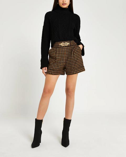 Brown Dogtooth Boucle Shorts