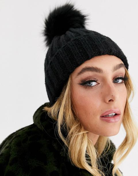 Jayley Beanie Hat With Faux Fur Bobble-black