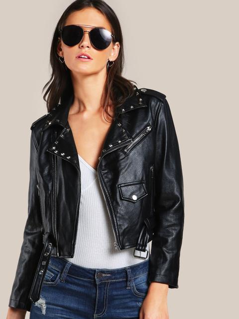 Rivet Detail Belted Hem Biker Jacket