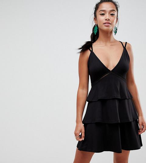 Asos Design Petite - Vestitino Estivo Con Spalline E Bordi Smerlati A Balze - Nero