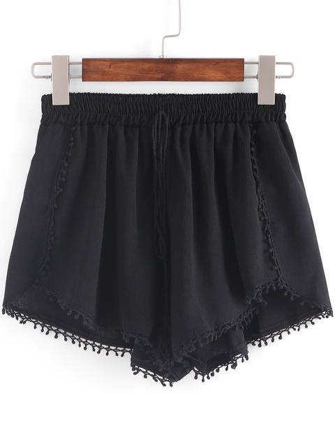 Shorts Cintura Elástica Ribete Pom Pom -negro