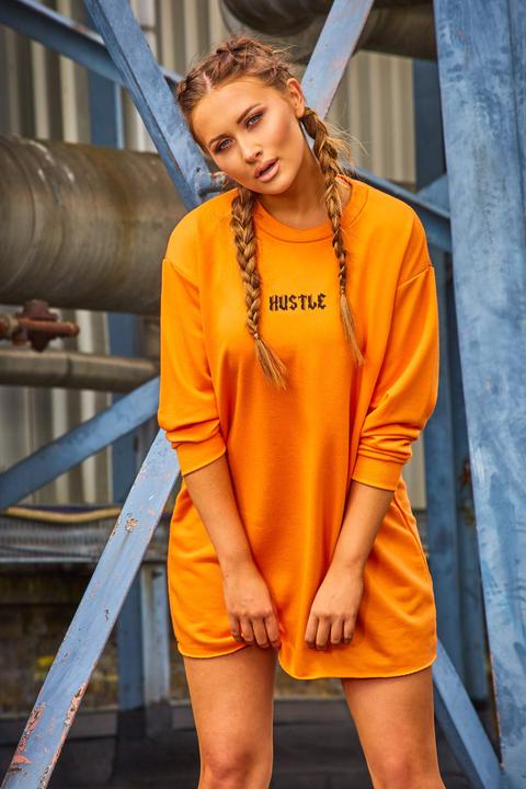 Orange Dresses - Sarah Ashcroft Orange Hustle Slogan Jumper Dress