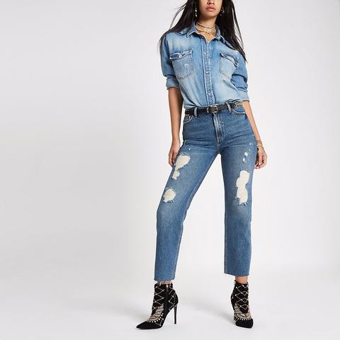 Ri 30 – Mittelblaue Boyfriend-jeans Im Used-look