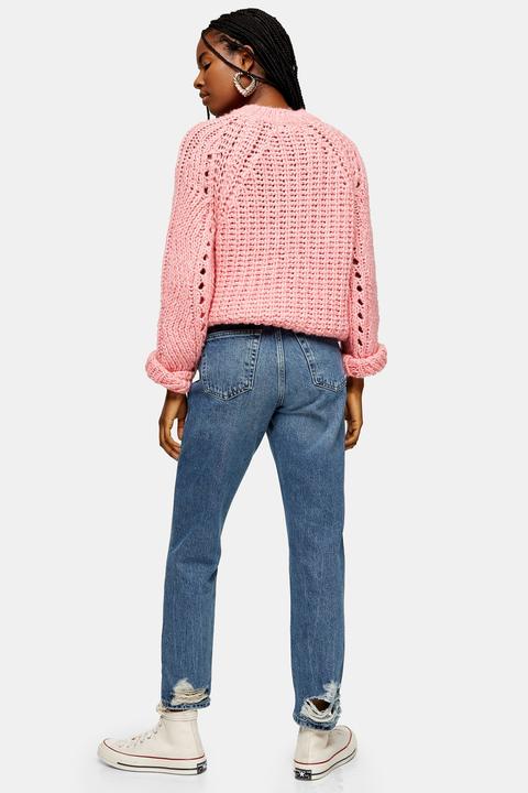 mid blue ripped mom tapered jeans