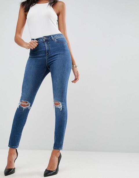 Asos - Ridley - Jeans Skinny Vita Alta Lavaggio Corinne Scuro Strappati - Blu