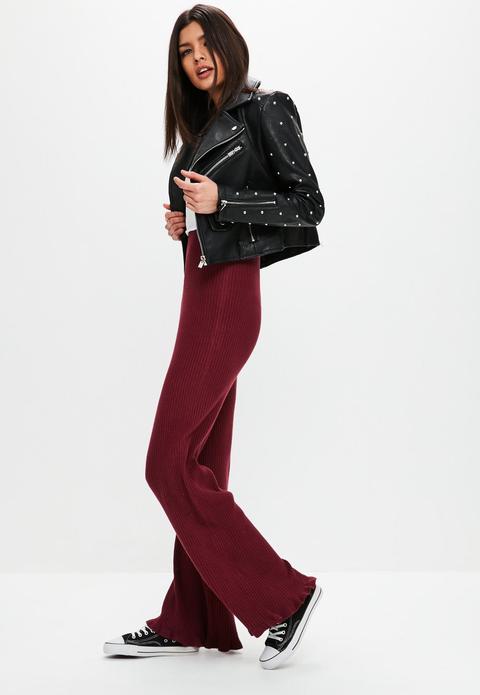 Burgundy Ribbed Wide Leg Knitted Trousers, Red