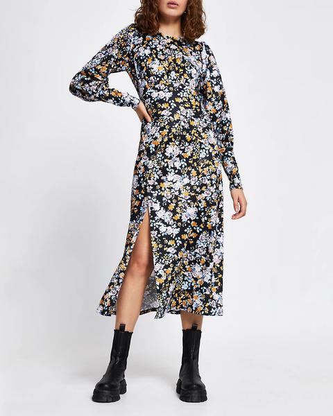 Blue Long Sleeve Floral Split Midi Dress