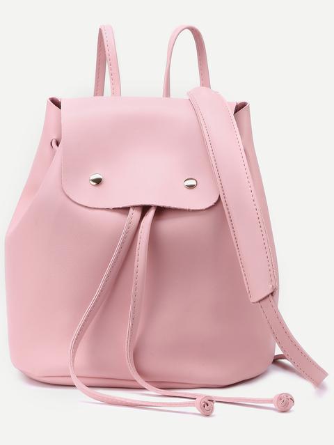 Pink Faux Leather Drawstring Flap Backpack With Clutch