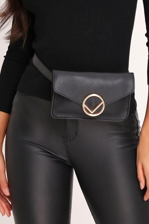 Black Faux Leather Metal Detail Belted Bum Bag