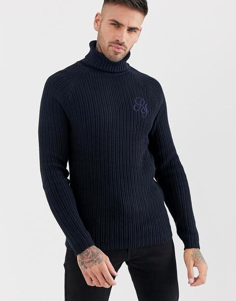 River Island - Pull Col Roulé Côtelé - Bleu Marine-navy