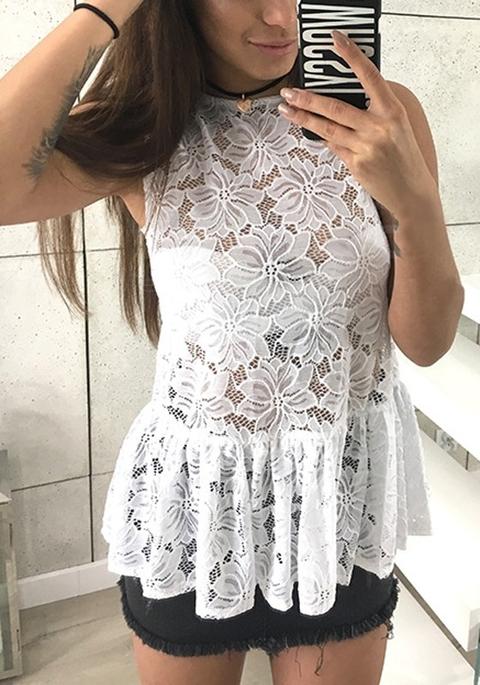 Camicetta Pizzo Drappeggiato Peplo Bodycon Che Esce Bianco