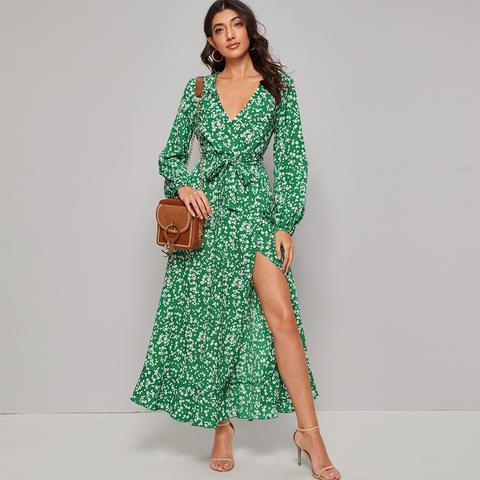 Robe Croisée À Imprimé Marguerite À Volants Avec Nœud