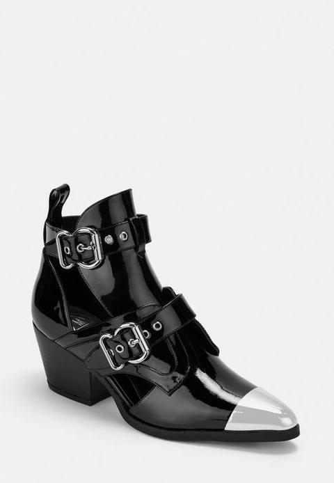 Black Patent Metal Cap Cut Out Western Ankle Boots, Black