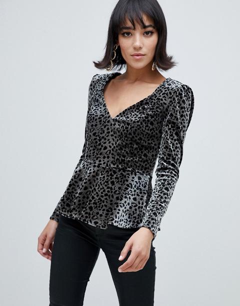 Blusa De Terciopelo Con Escote Corazón Y Estampado De Leopardo De River Island-marrón