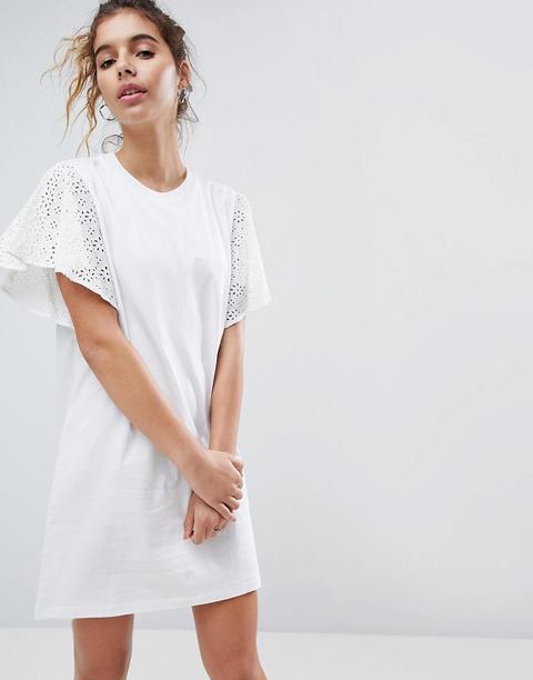 Asos Design - Vestito T-shirt Con Maniche In Pizzo - Bianco