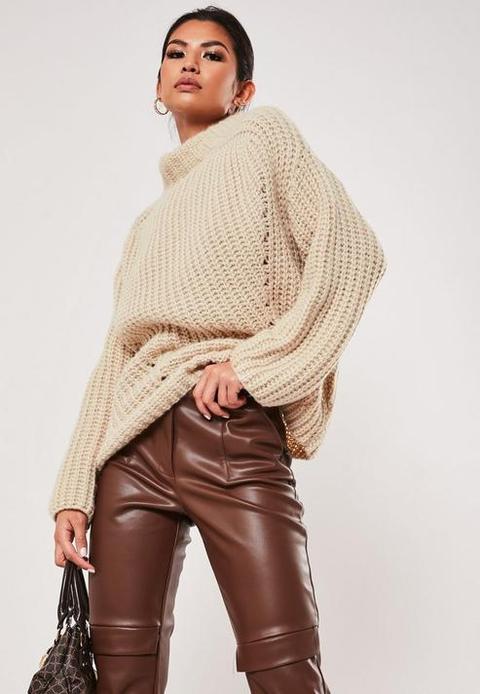 Stone Chunky Knitted High Neck Jumper, Stone