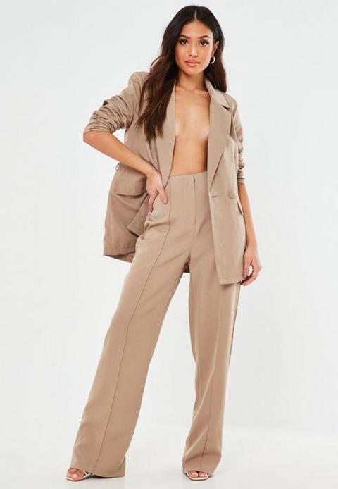 Petite Stone Co Ord Seam Detail Straight Leg Trousers, Stone