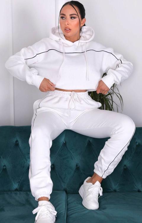 White Oversized Long Sleeve Cropped Hoodie & High Waisted Joggers Fleece Set - Riley