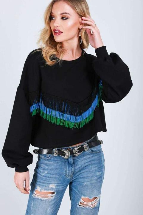 Alice Tassel Front Balloon Sleeve Cropped Sweatshirt