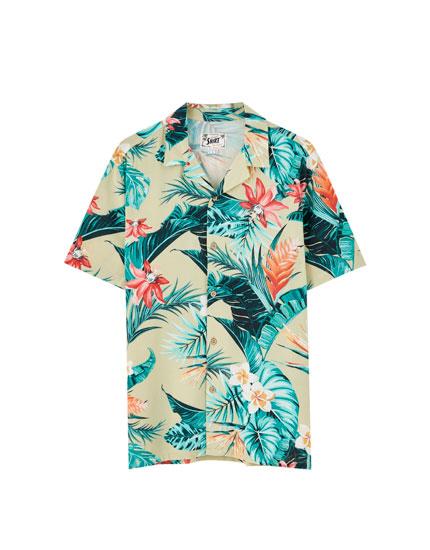 Camisa Viscosa Flores Tropicales Verde